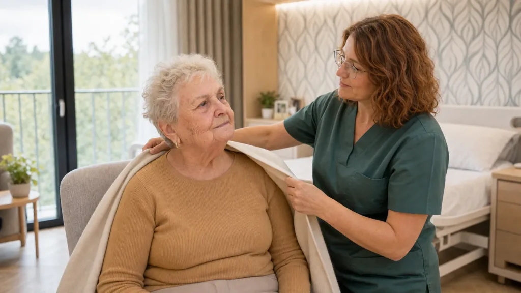 Pečovatelka pomáhá klientce s oblékáním